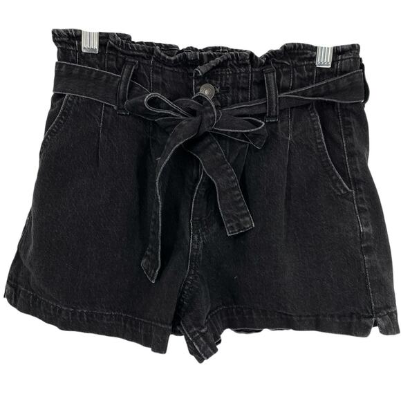 American Eagle Denim Paper Bag Mom Shorts Women size 0 Black Tie Waist Stretch - Picture 1 of 10